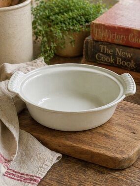 Vintage DRU Holland Enamel Cast Iron Mini Casserole White Dutch Oven